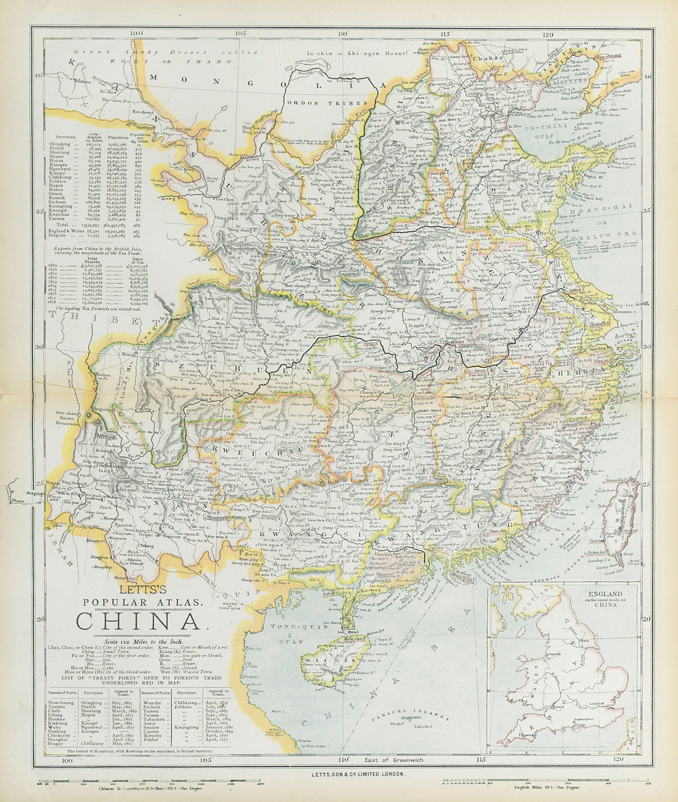 CHINA. Provinces, treaty ports, tea growing districts & exports. LETTS 1883 map