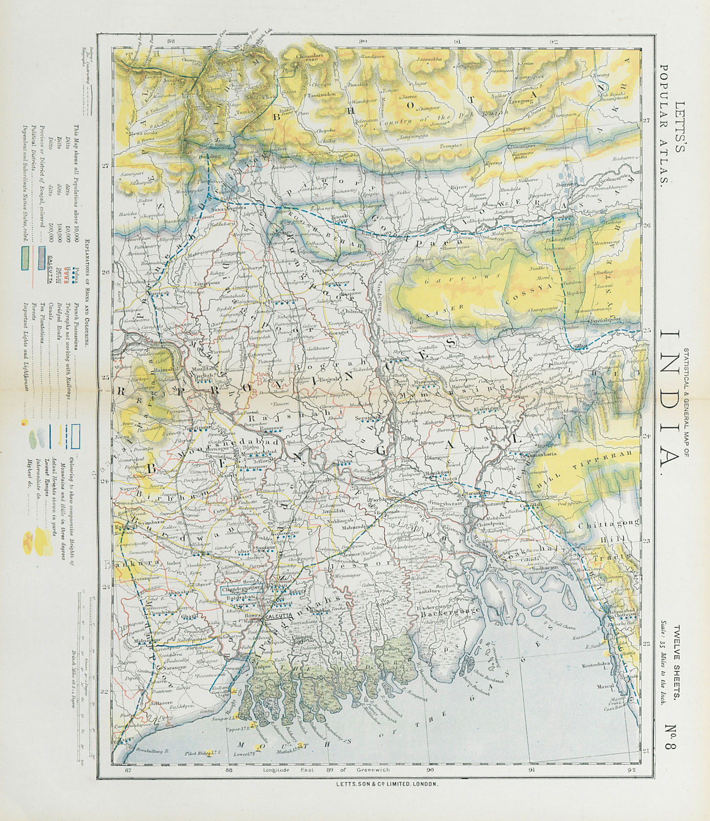 BRITISH BENGAL BANGLADESH Calcutta Bhutan Assam Tea plantations. LETTS 1883 map