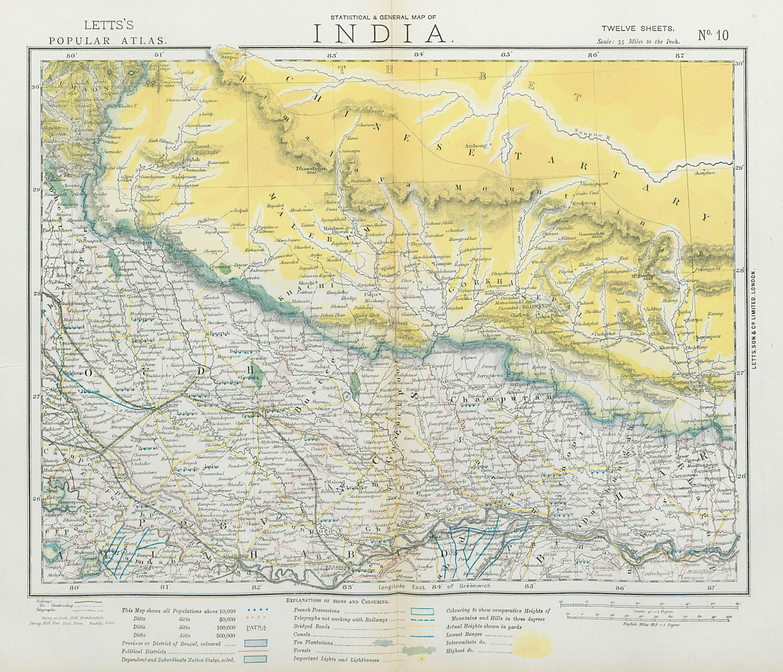 NEPAL & NORTHERN INDIA. Ganges Lucknow Varanasi Tea plantations. LETTS 1883 map