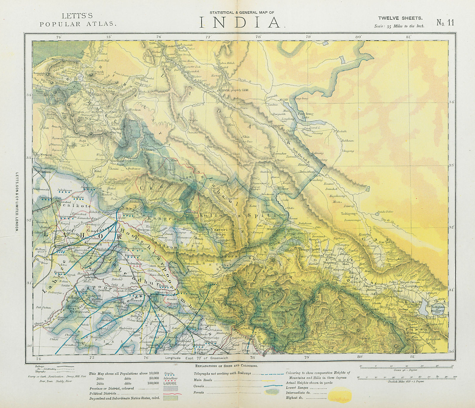 JAMMU & KASHMIR. Ladakh Leh Amritsar Lahore Himalayas. Railways. LETTS 1883 map