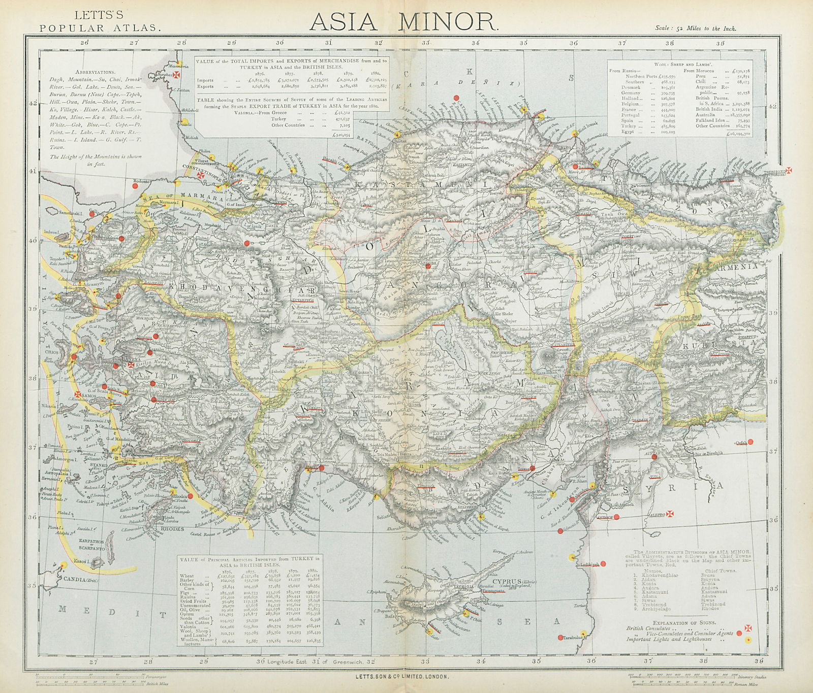 Associate Product TURKEY. Asia Minor vilayets. Dodecanese. British Consuls. Cyprus. LETTS 1883 map