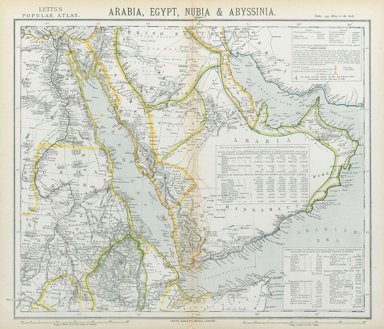 Associate Product ARABIA Deba/Dubai Abothubi/Abu Dhabi Katar/Qatar Grane/Kuwait. LETTS 1883 map