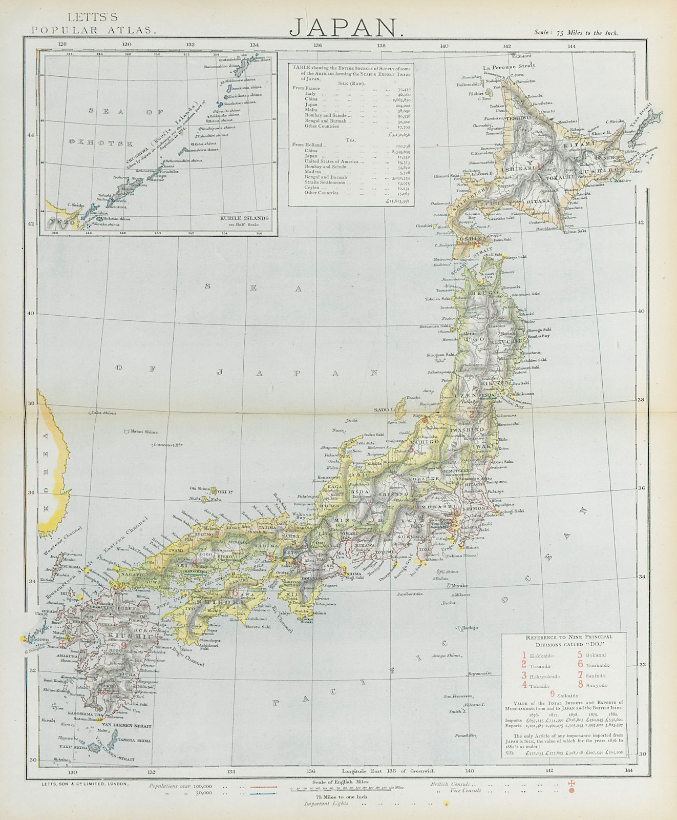 Associate Product JAPAN. Lighthouses & British Consuls. Silk & tea exports. LETTS 1883 old map