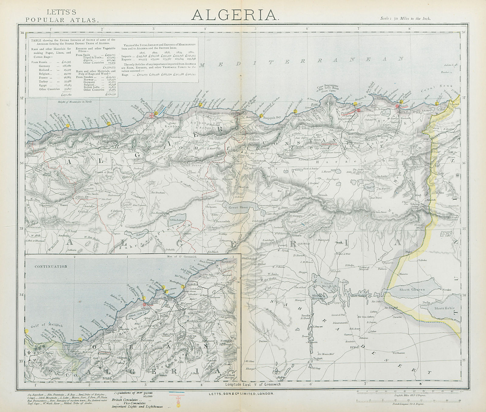 Associate Product ALGERIA. North Africa. Algiers Oran Constantine. British Consuls. LETTS 1883 map