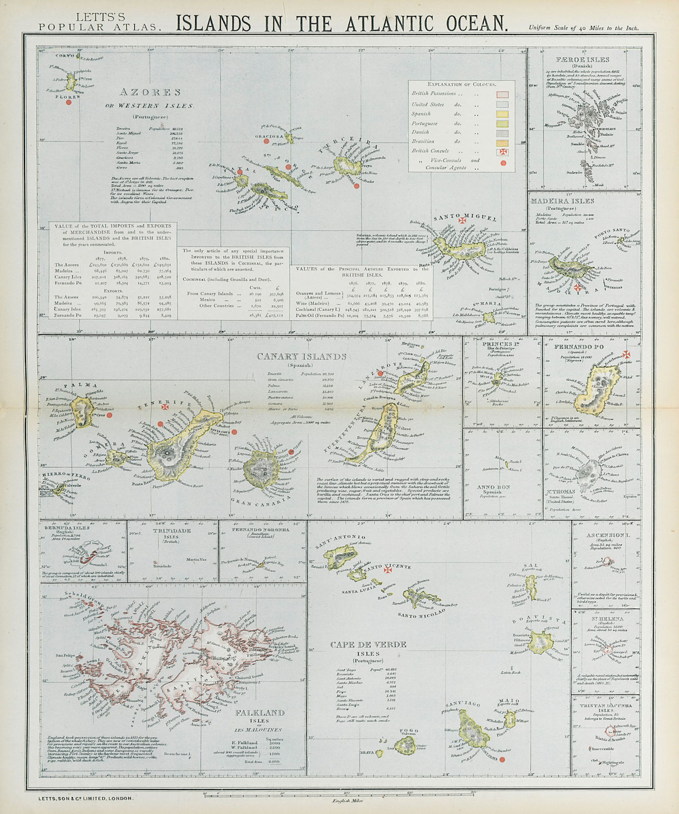ATLANTIC ISLANDS. Azores Madeira Canary Cape Verde Falklands. LETTS 1883 map