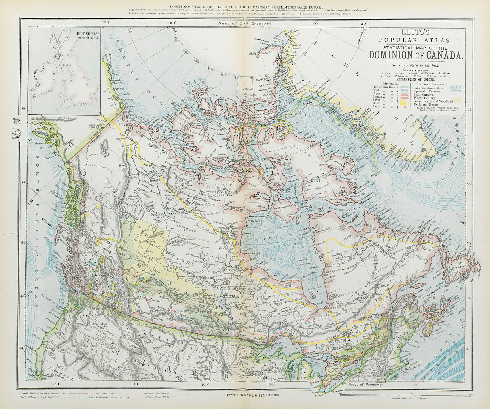 Associate Product CANADA Canadian Pacific Railway Arctic explorers' routes Minerals LETTS 1883 map