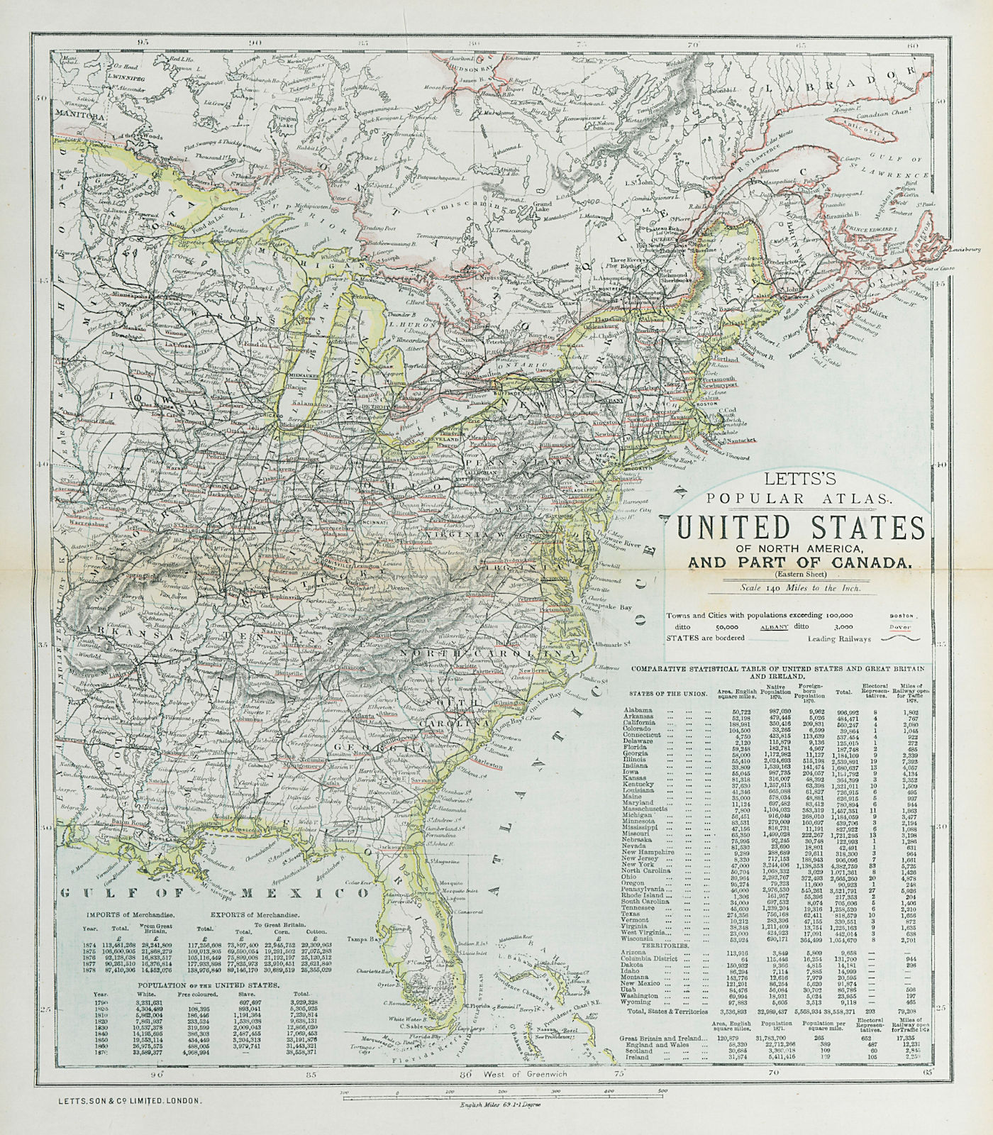 EASTERN UNITED STATES. Railroads. Population table. LETTS 1883 old antique map