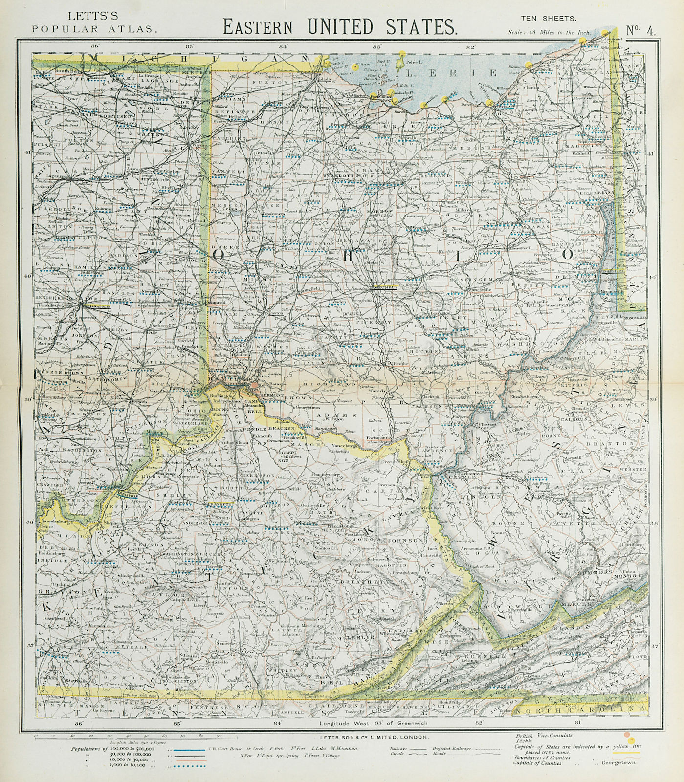 Associate Product APPALACHIA. Ohio & parts of Kentucky Virginia Indiana. Railroads. LETTS 1883 map