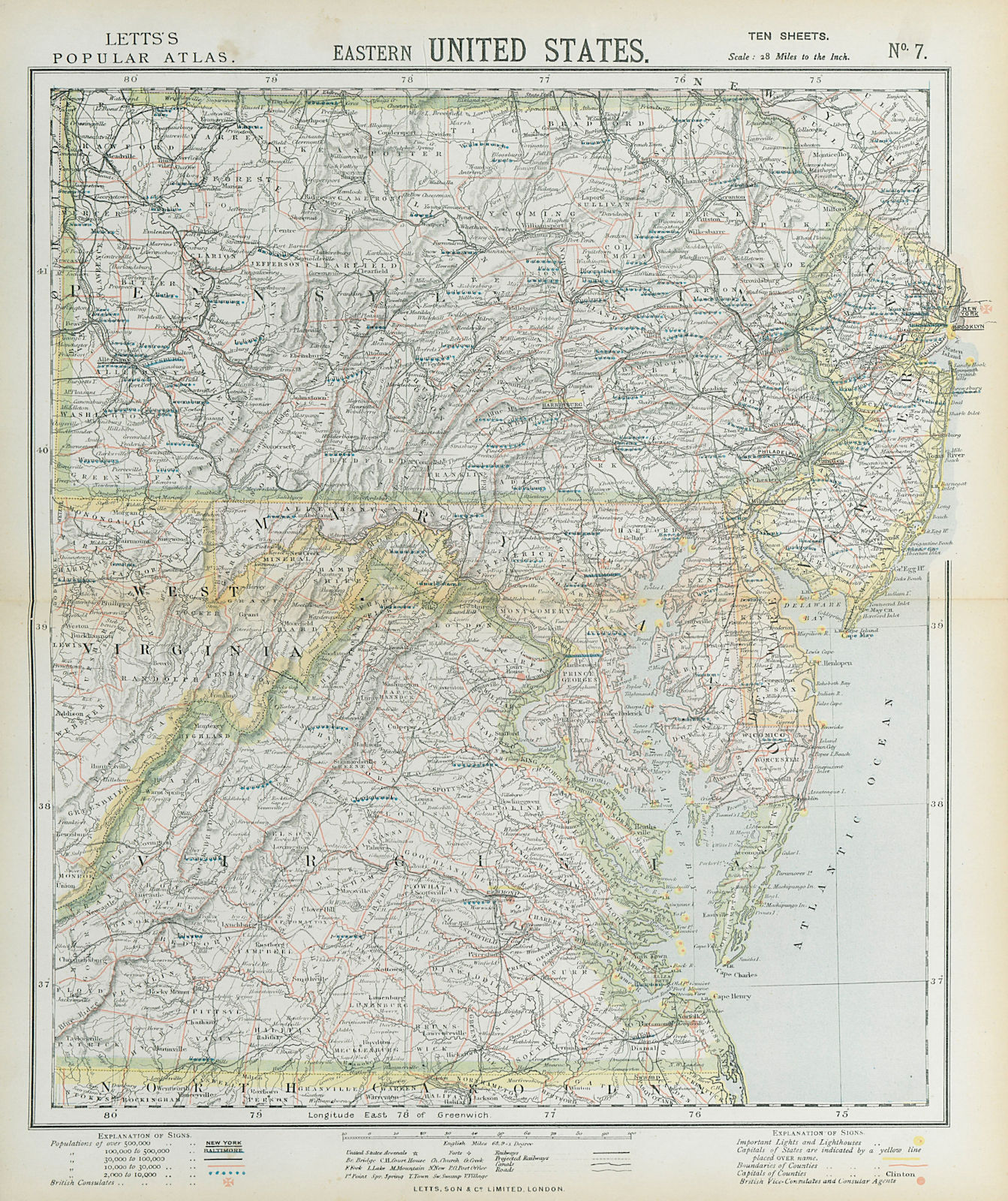 Associate Product MID-ATLANTIC STATES. Pennsylvania NJ Maryland Delaware Virginia. LETTS 1883 map