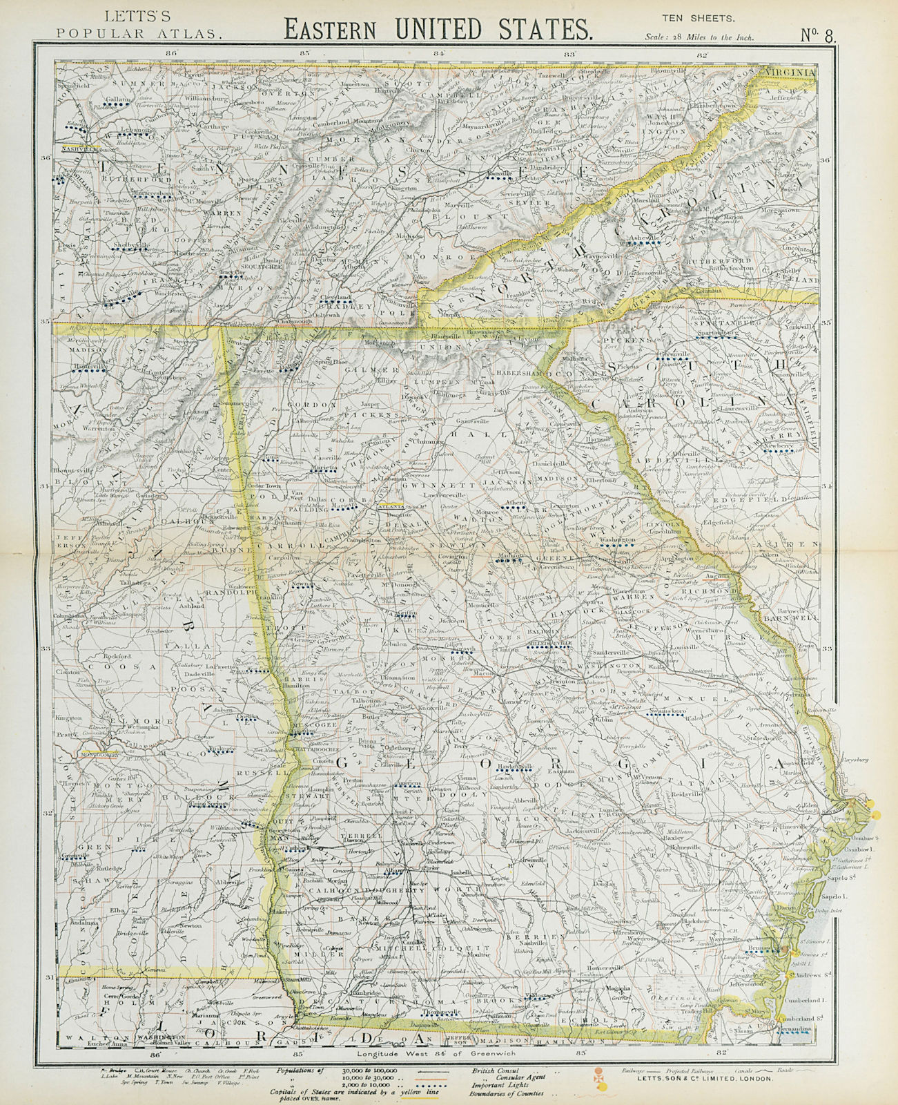 Associate Product GEORGIA & Southern Appalachia. Alabama Tennessee NC SC Railroads. LETTS 1883 map