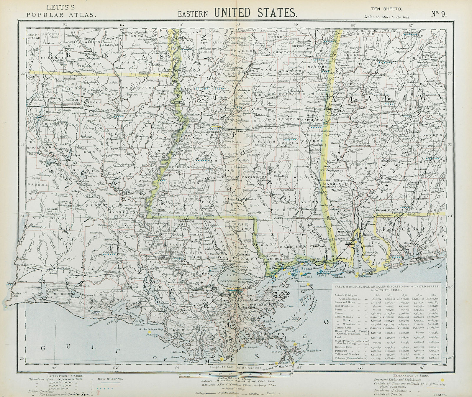 US GULF COAST Louisiana Mississippi Alabama Railroads Lighthouses LETTS 1883 map
