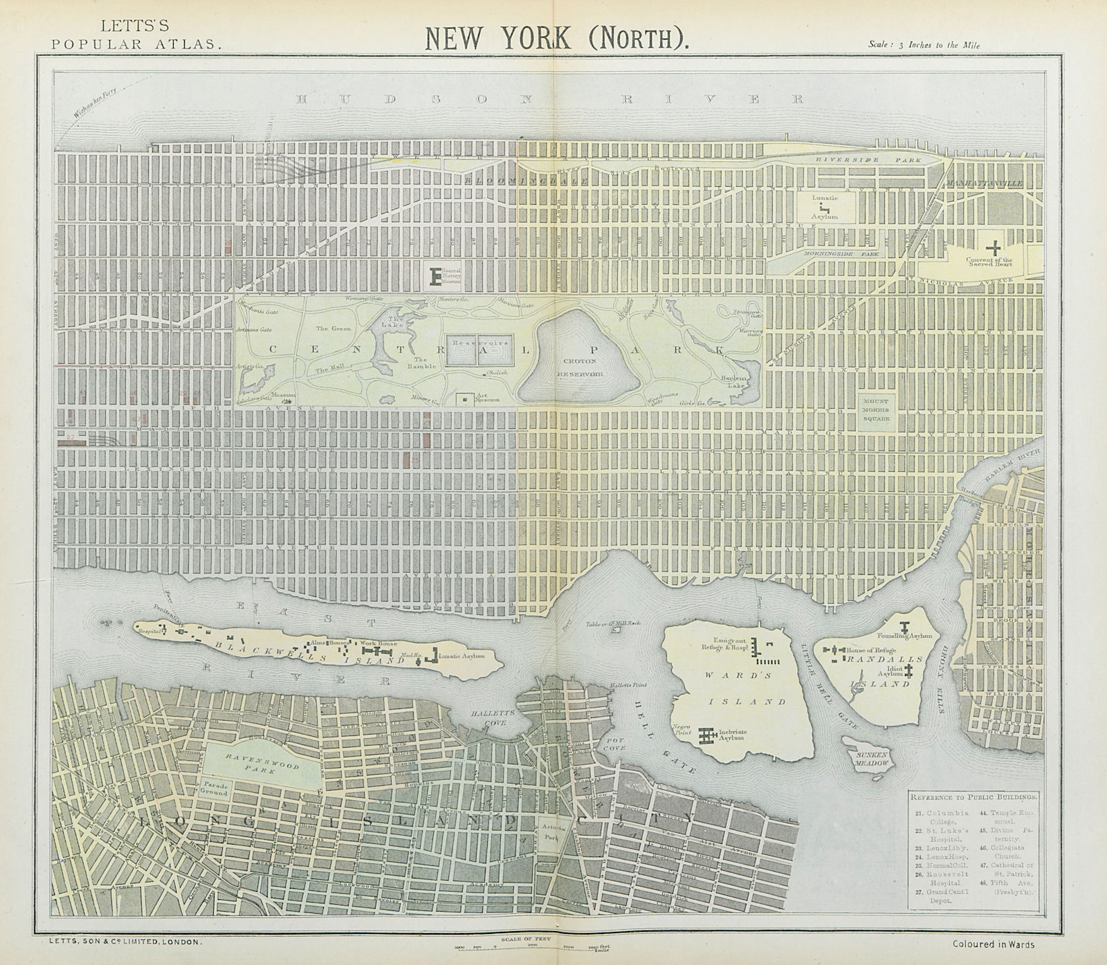 Associate Product NEW YORK CITY town map plan. Midtown/Upper Manhattan Brooklyn. LETTS 1883
