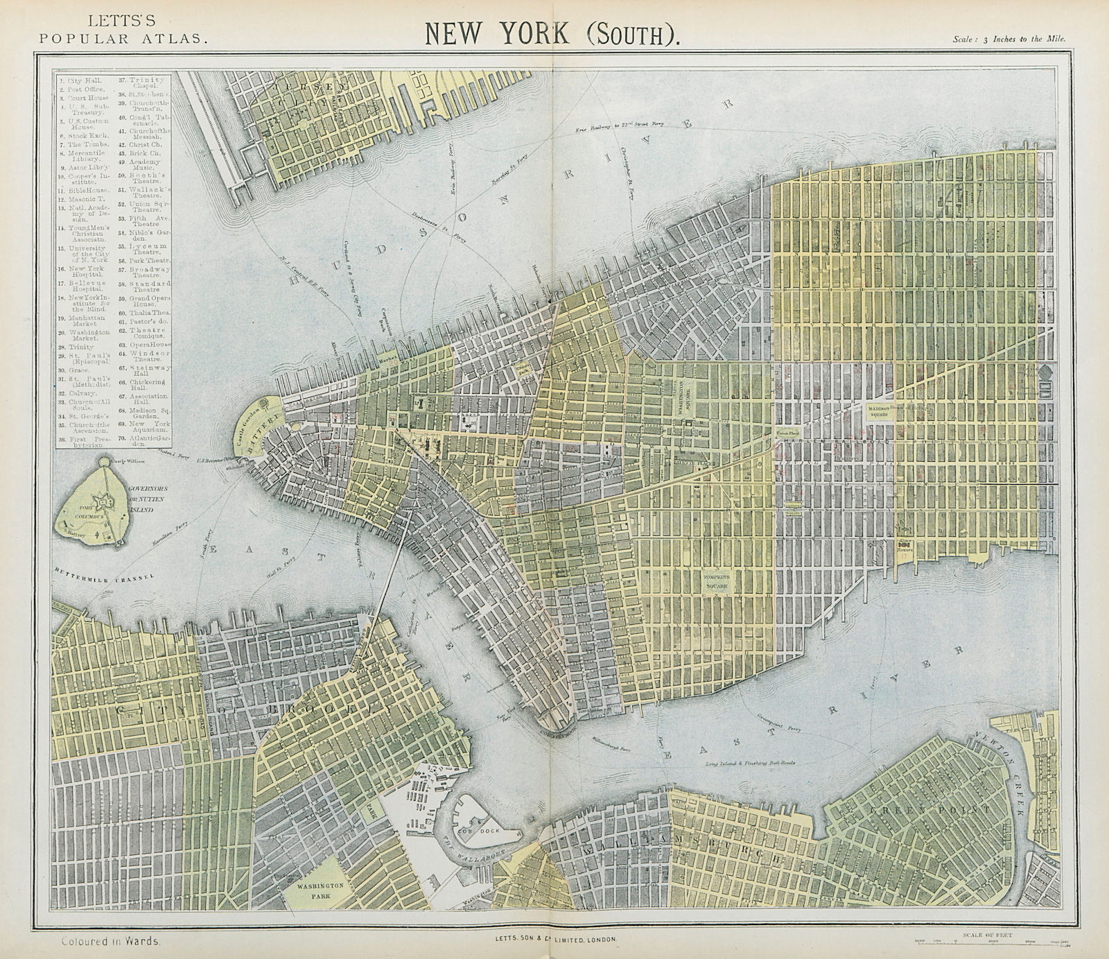 NEW YORK CITY town map plan. Lower/midtown Manhattan Brooklyn. LETTS 1883