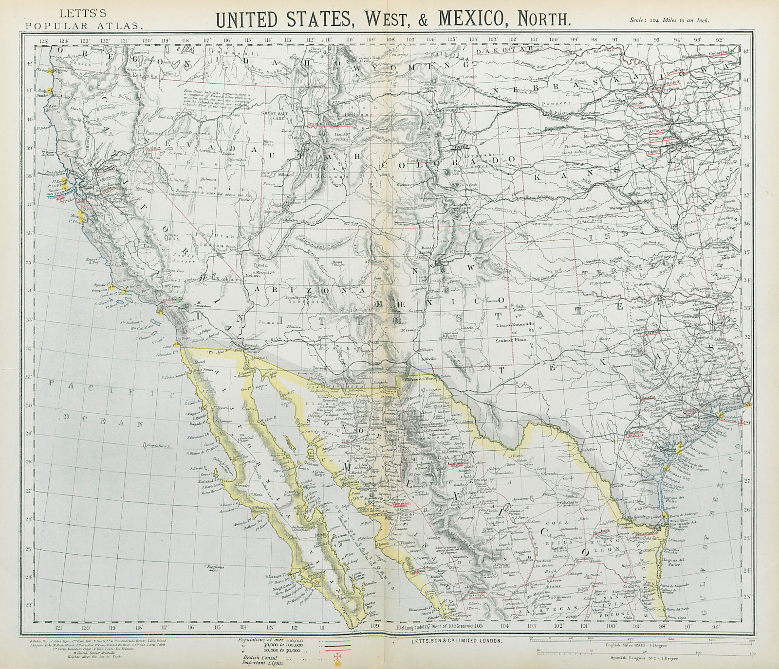 SOUTHWESTERN USA & NORTHERN Mexico. California Texas. Railroads. LETTS 1883 map
