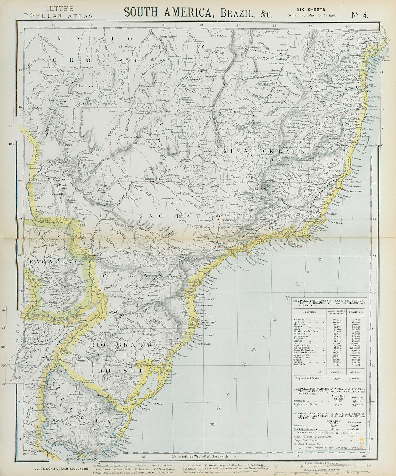 Associate Product SOUTH BRAZIL URUGUAY. Lighthouses. Bahia Minas Gerais Sao Paolo. LETTS 1883 map