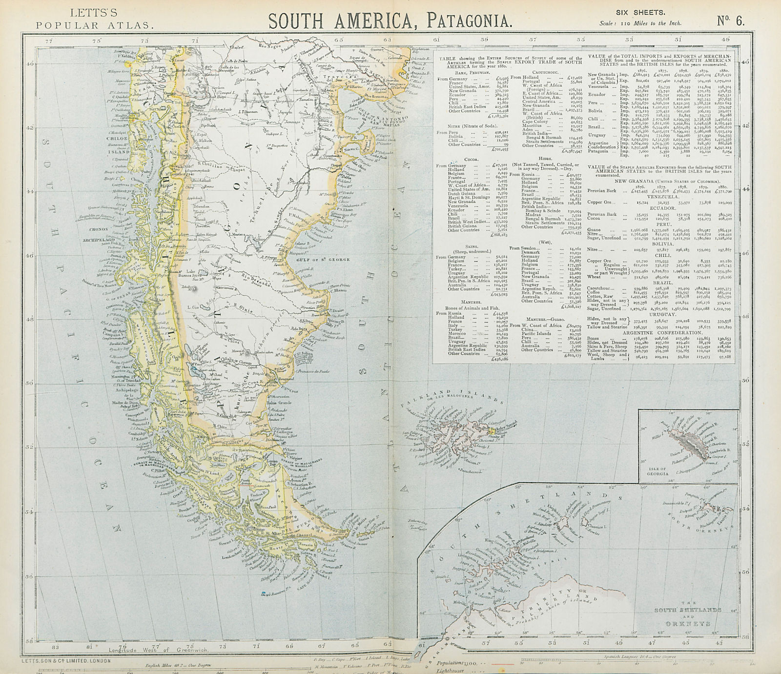 Associate Product PATAGONIA. Argentina Chile Tierra del Fuego Falklands S Georgia LETTS 1883 map
