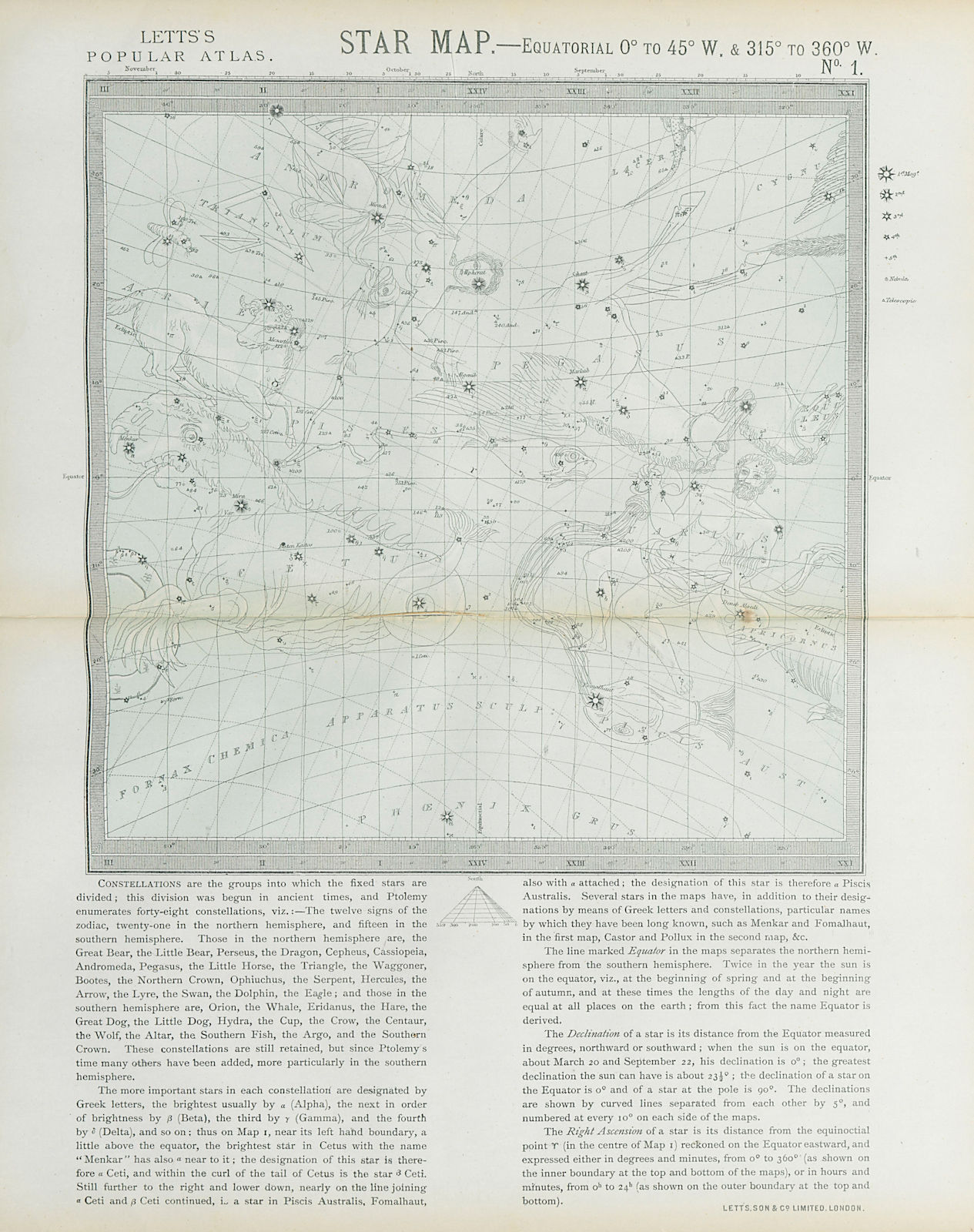 ASTRONOMY CELESTIAL Star map chart signs Spring Aries Aquarius Pisces LETTS 1883