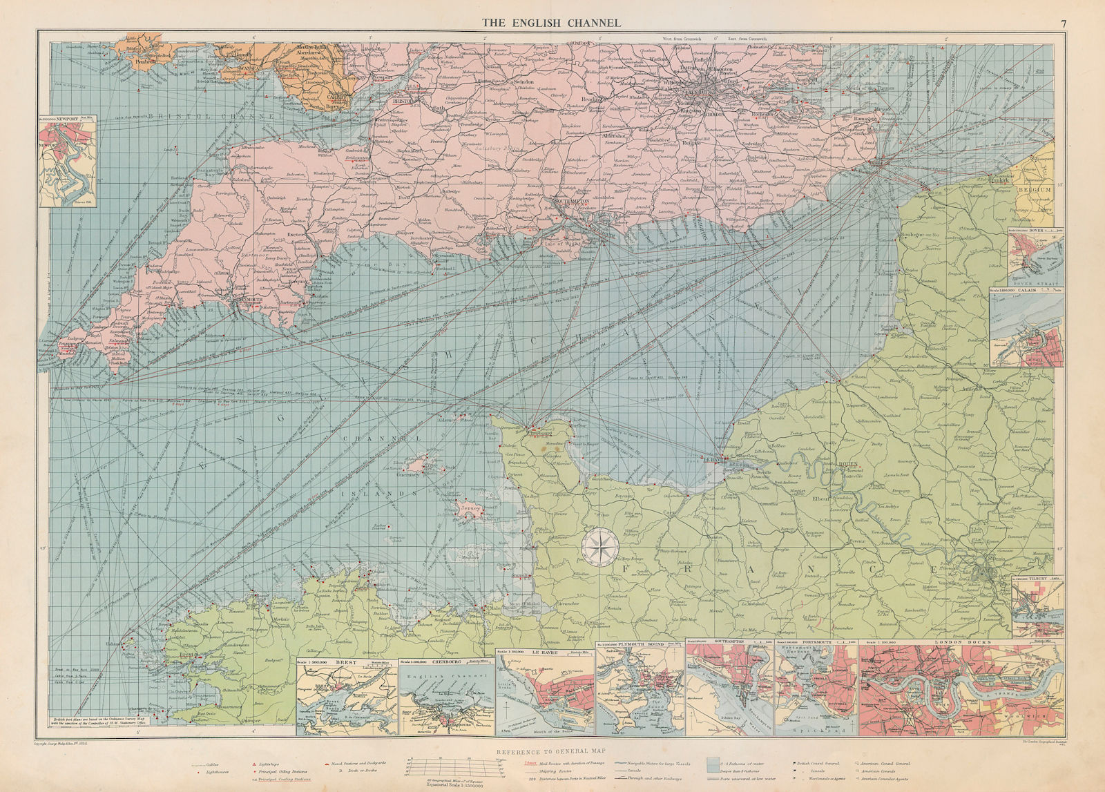 English Channel sea chart. Ports lighthouses mail routes. LARGE 1952 old map