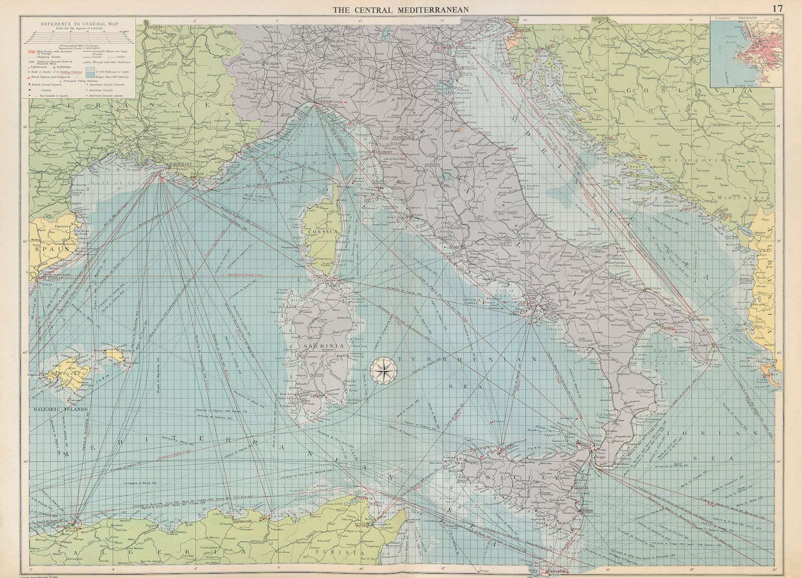 Associate Product Central Mediterranean sea chart. Italy. Mail shipping routes. LARGE 1952 map