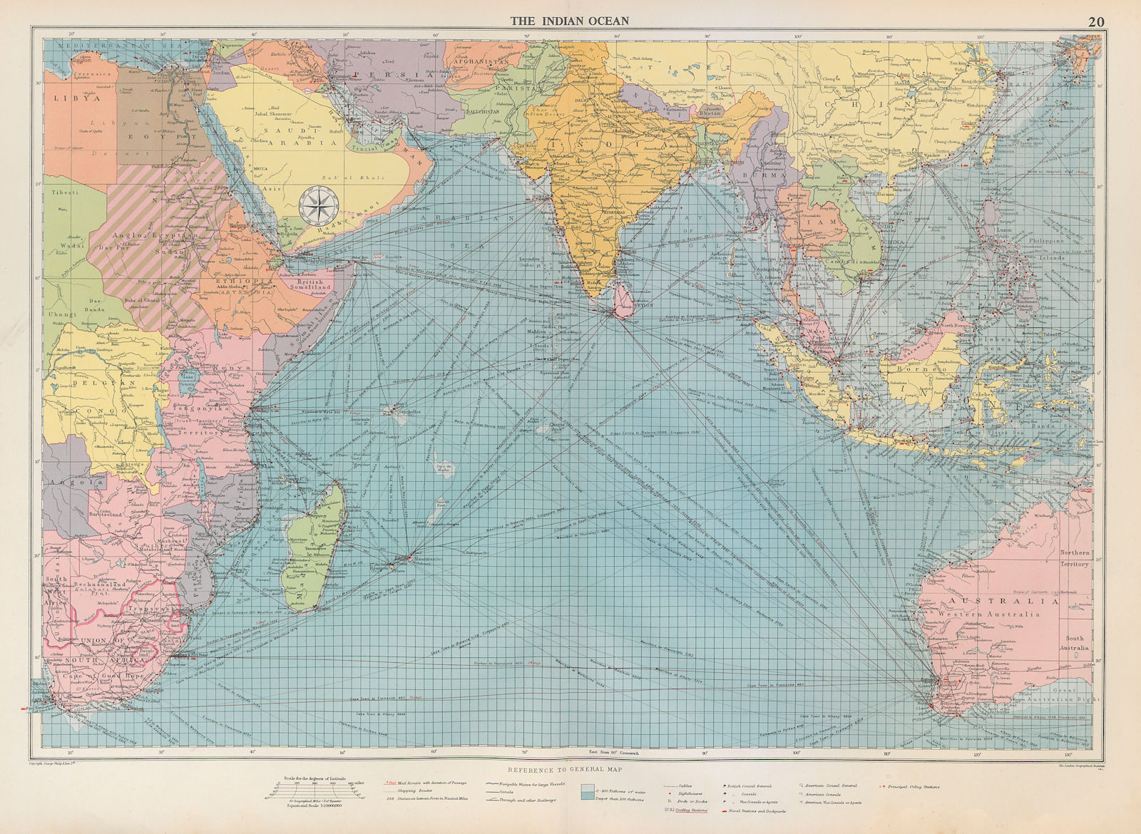 Indian Ocean sea chart. Ports lighthouses mail routes dockyards. LARGE 1952 map