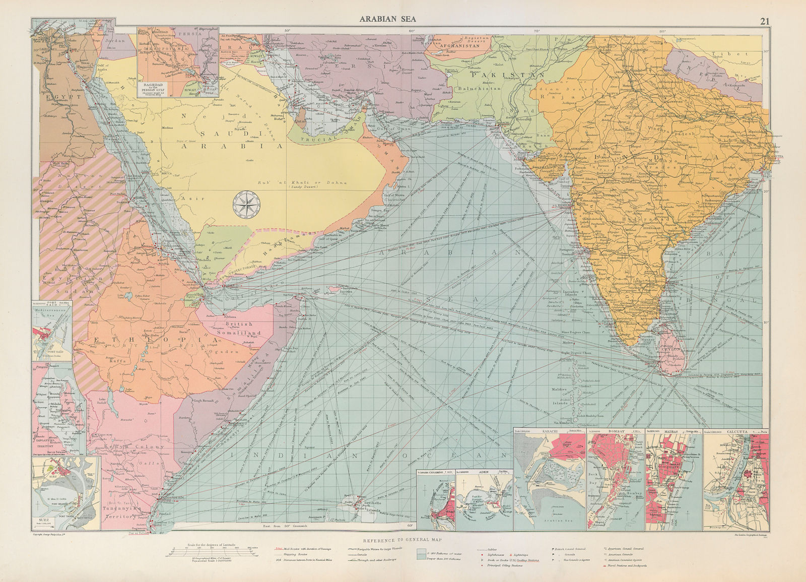 Red/Arabian Sea Persian Gulf sea chart. Ports lighthouses mail. LARGE 1952 map