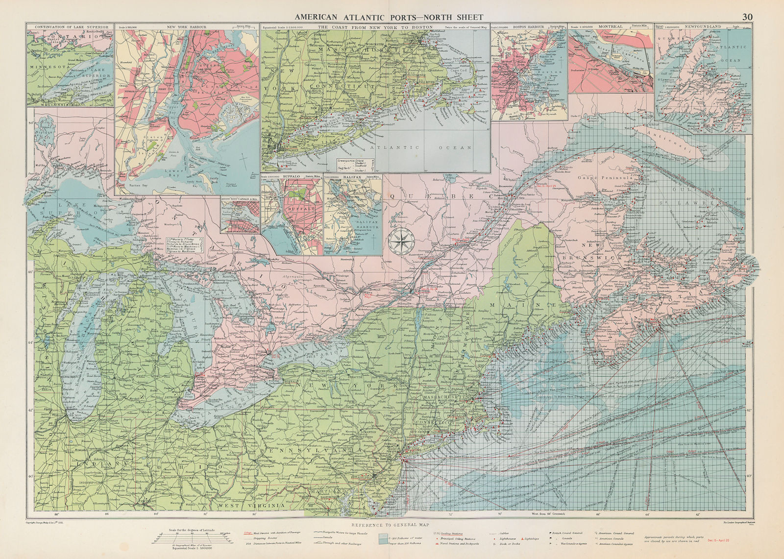US Canada Atlantic & Great Lakes ports sea chart. Lighthouses &c LARGE 1952 map