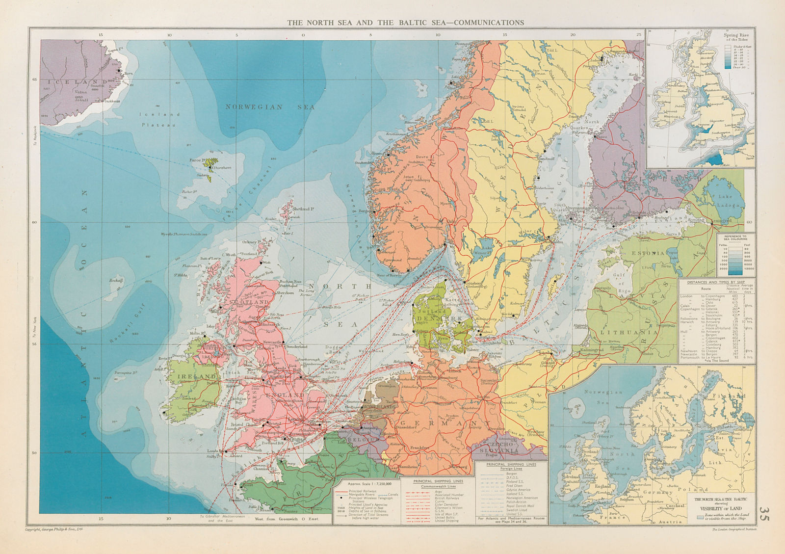 Associate Product North Sea & Baltic. Cables Wireless Stns Land visibility Shipping lines 1952 map