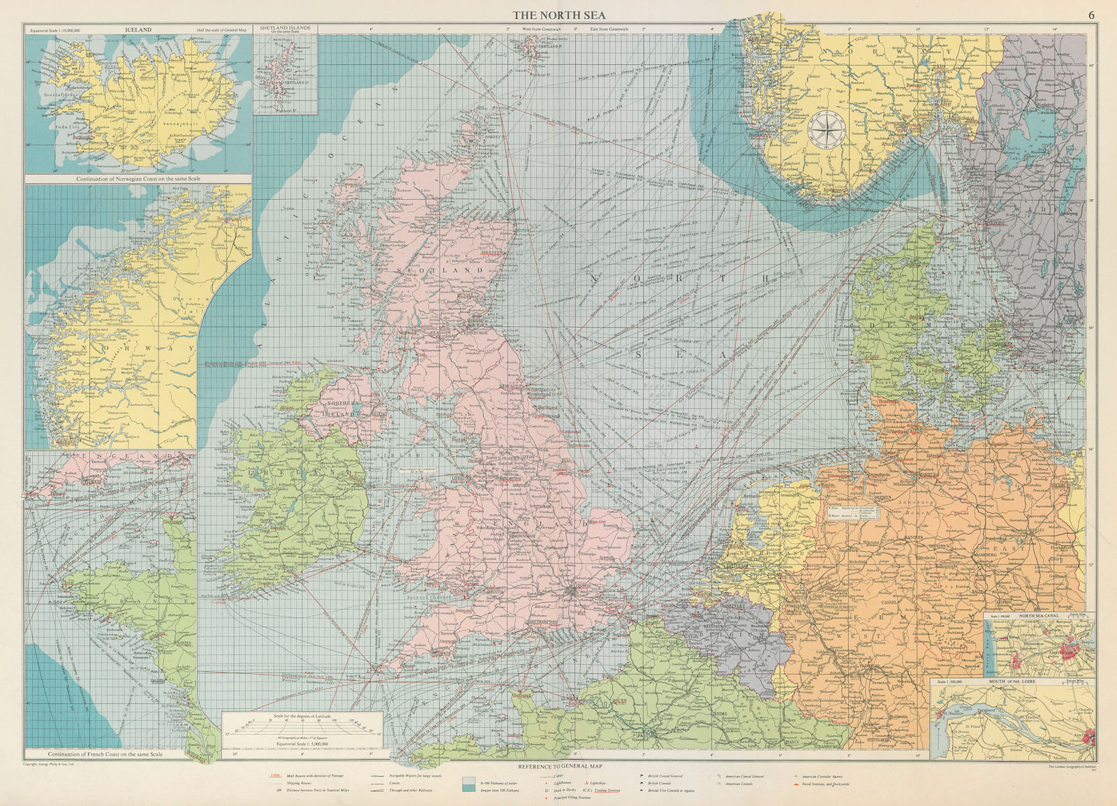 Associate Product North Sea sea chart. Ports lighthouses mail routes. UK Norway &c LARGE 1959 map