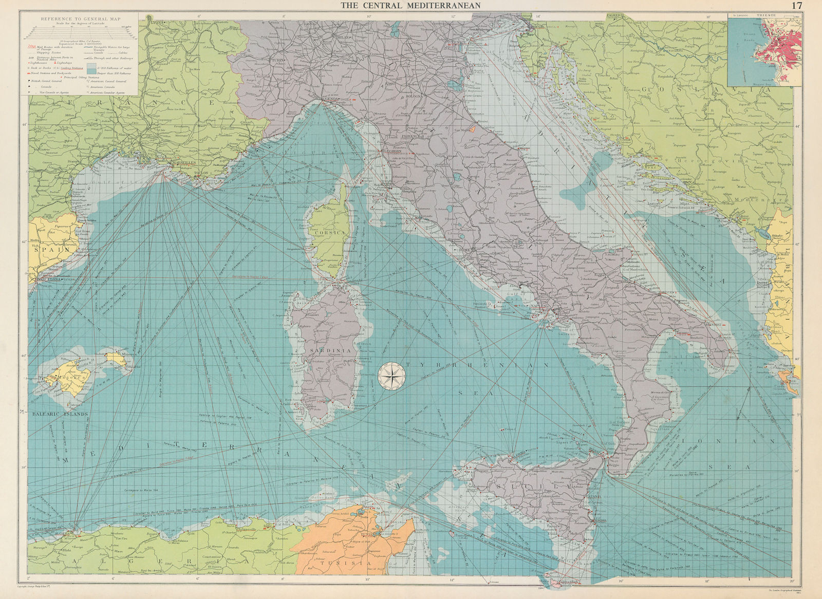 Associate Product Central Mediterranean sea chart. Italy. Mail shipping routes. LARGE 1959 map