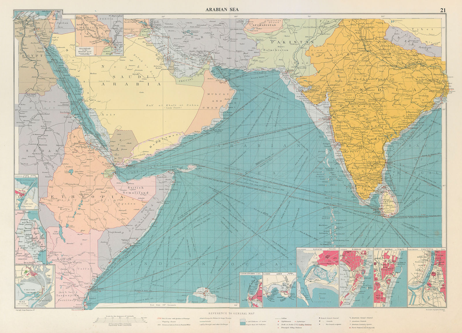 Red/Arabian Sea Persian Gulf sea chart. Ports lighthouses mail. LARGE 1959 map