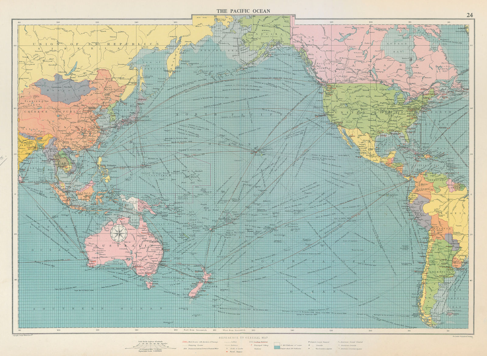 Associate Product Pacific Ocean sea chart. Ports lighthouses mail routes dockyards LARGE 1959 map