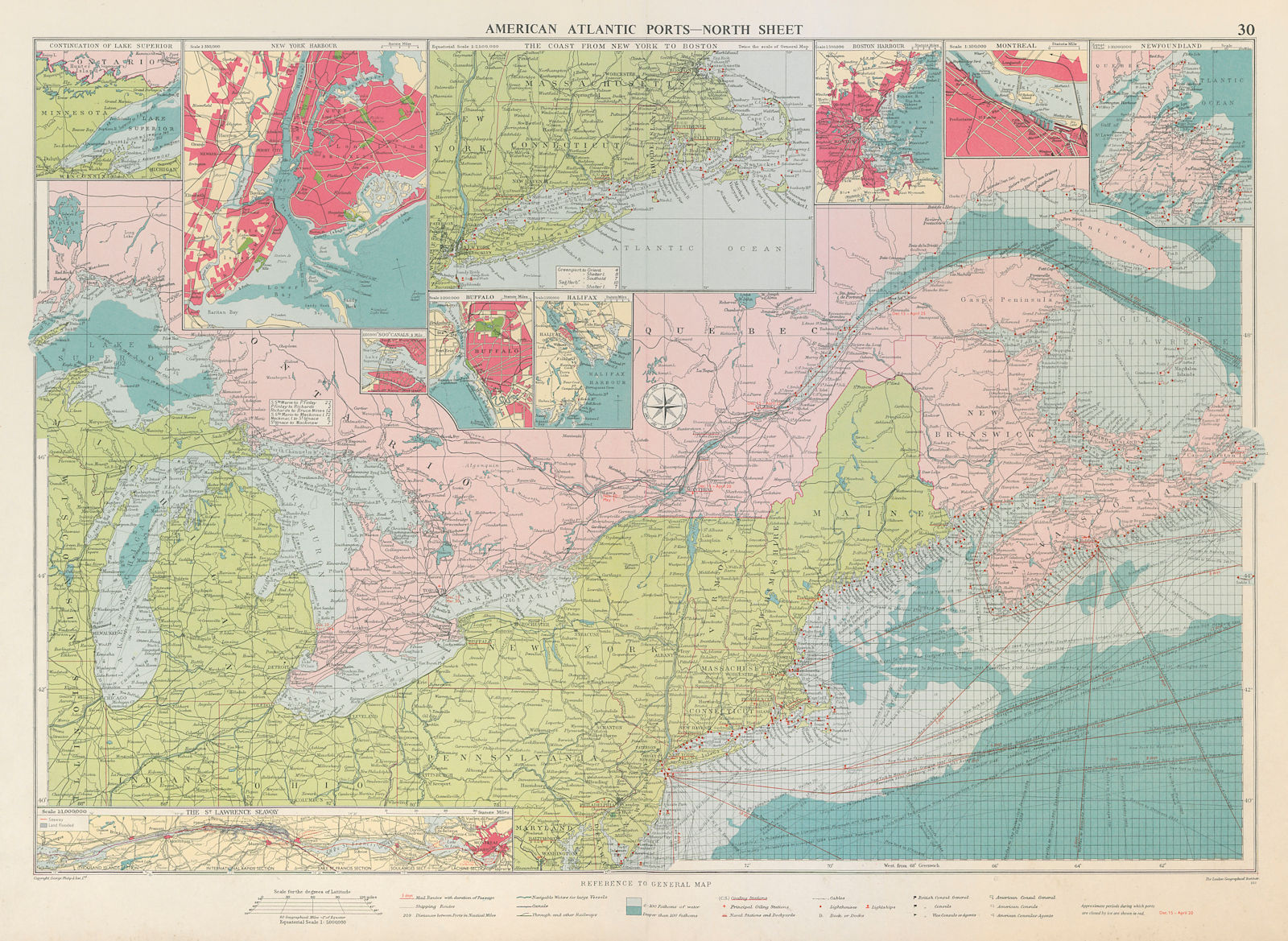 US Canada Atlantic & Great Lakes ports sea chart. Lighthouses &c LARGE 1959 map