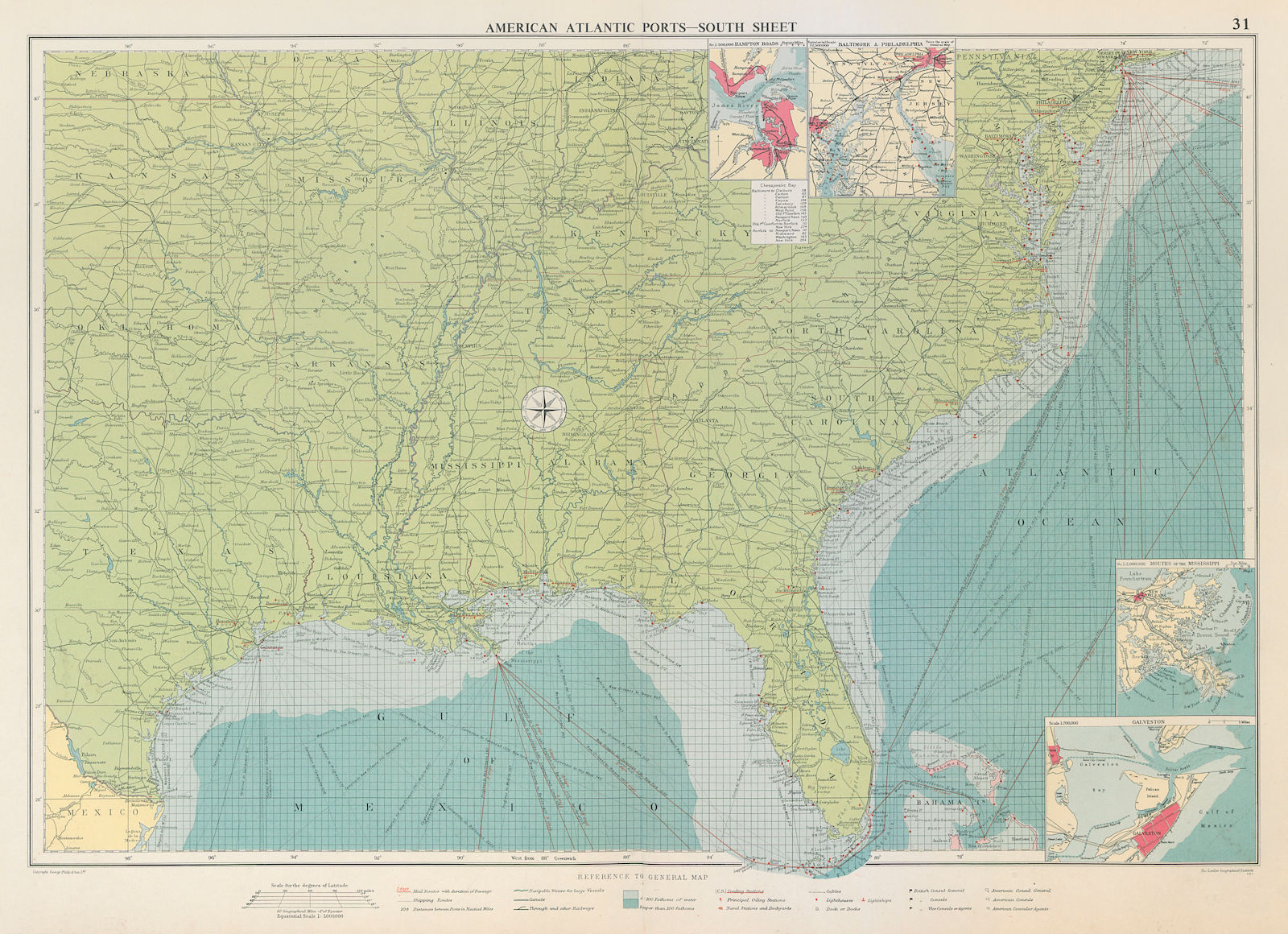 Associate Product US Atlantic & Gulf Coast Ports sea chart lighthouses mail routes LARGE 1959 map