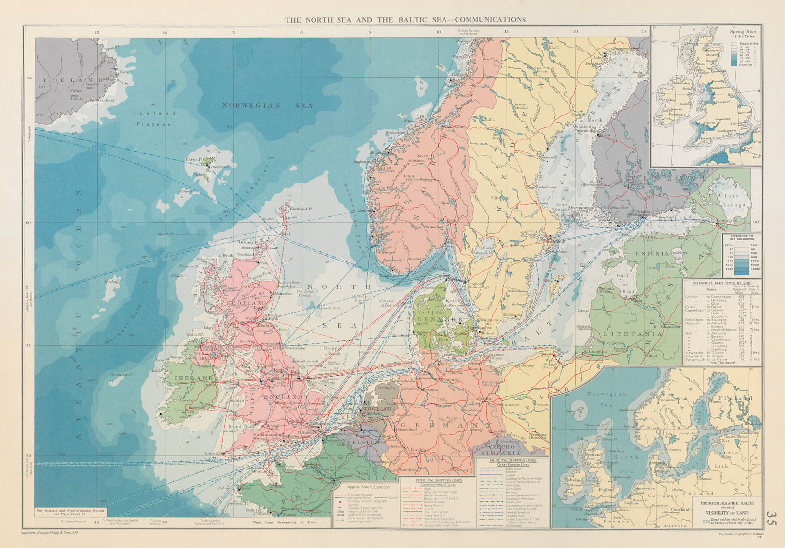 North Sea & Baltic. Cables Wireless Stns Land visibility Shipping lines 1959 map