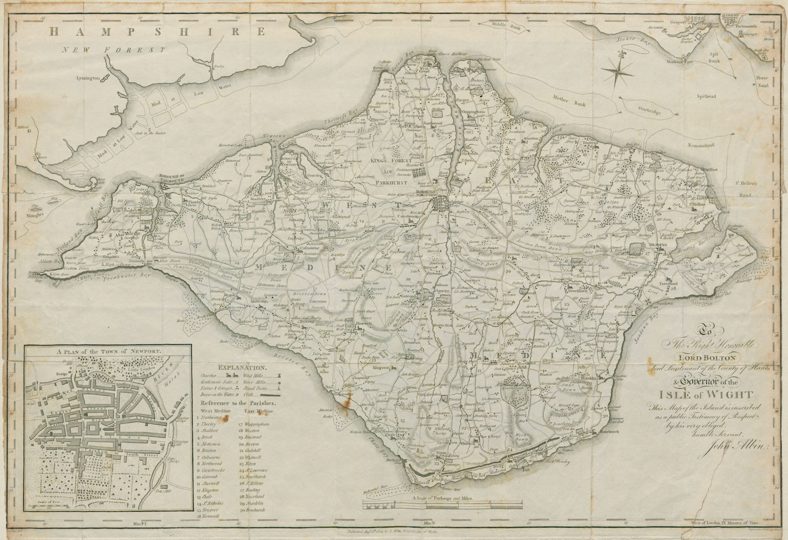 The Isle of Wight, dedicated to Lord Bolton. By JOHN ALBIN. 60x40cm 1805 map