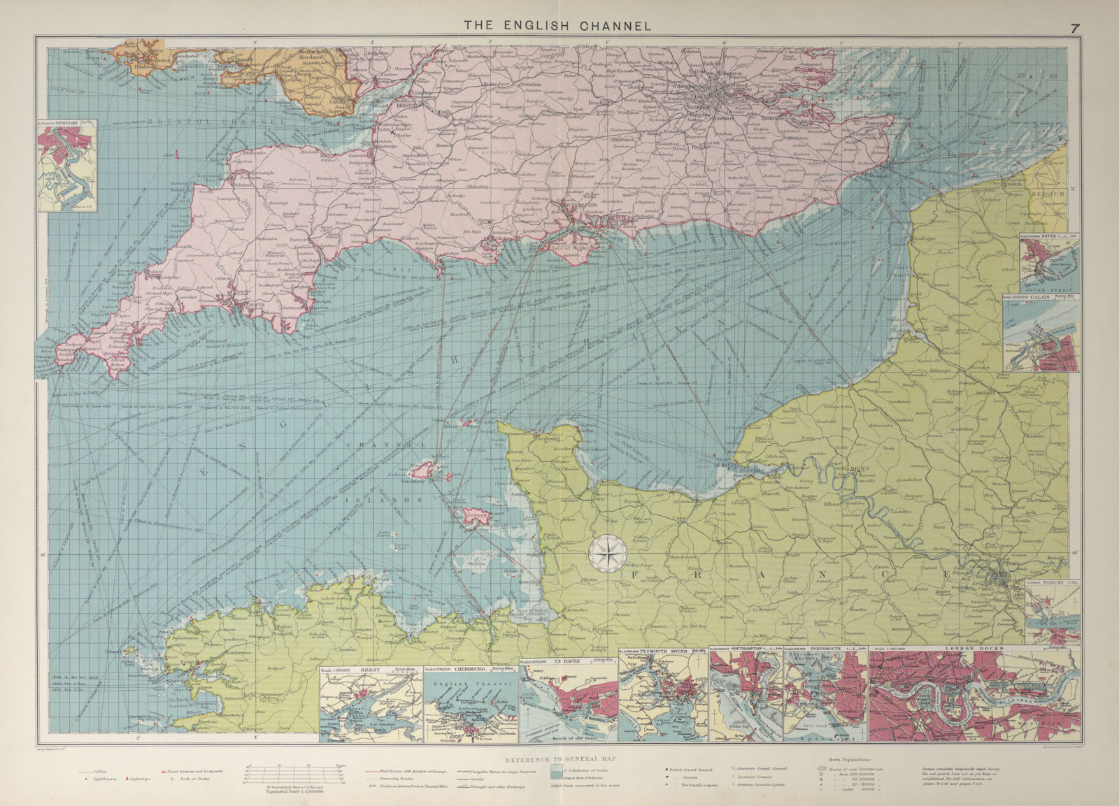 Associate Product English Channel sea chart. Ports lighthouses mail routes. LARGE 1927 old map
