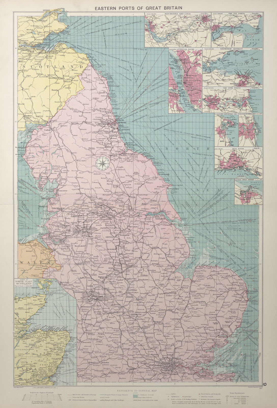 Associate Product Great Britain east coast ports sea chart lighthouses mail routes LARGE 1927 map