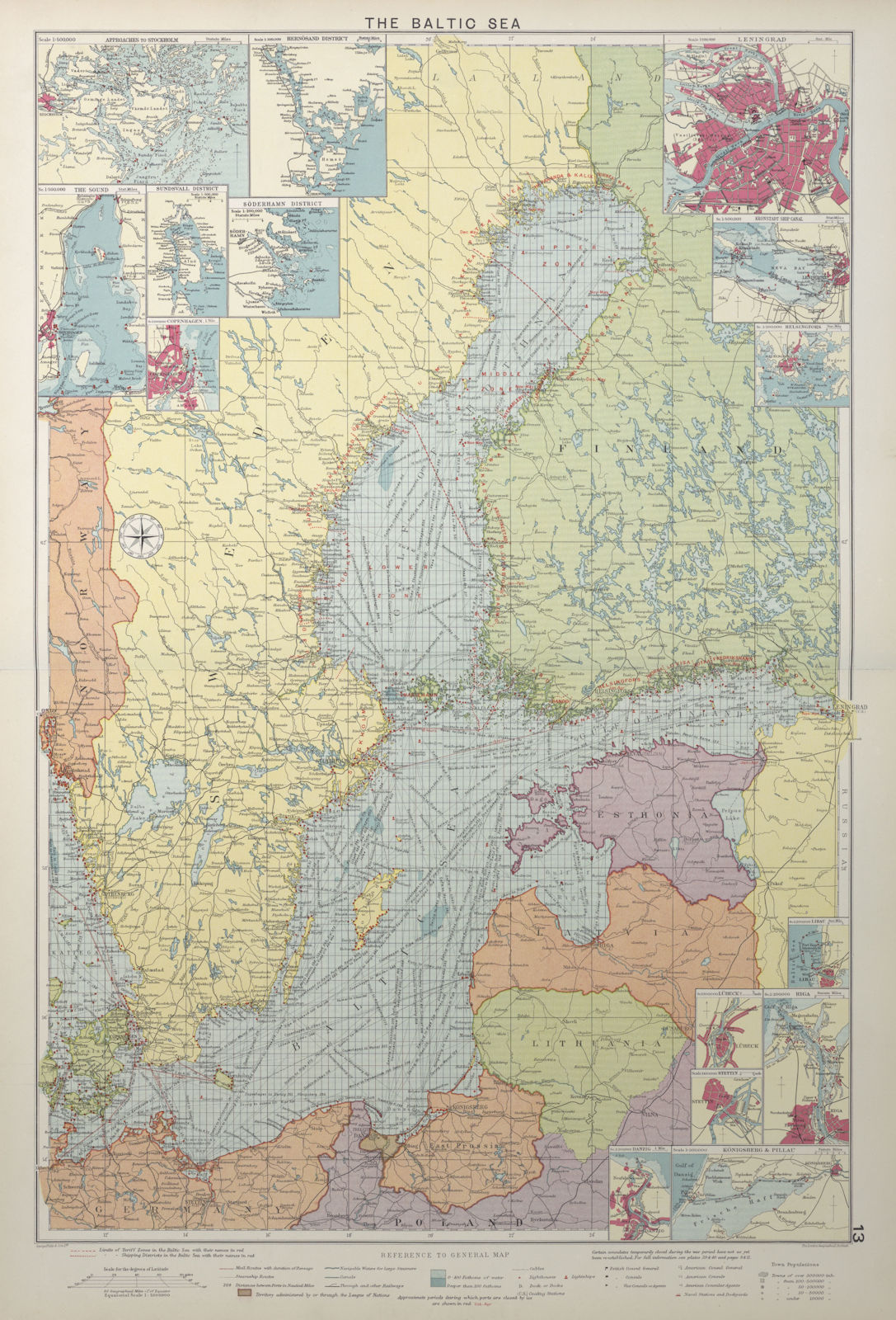 Baltic Sea sea chart. Ports lighthouses mail routes dockyards. LARGE 1927 map