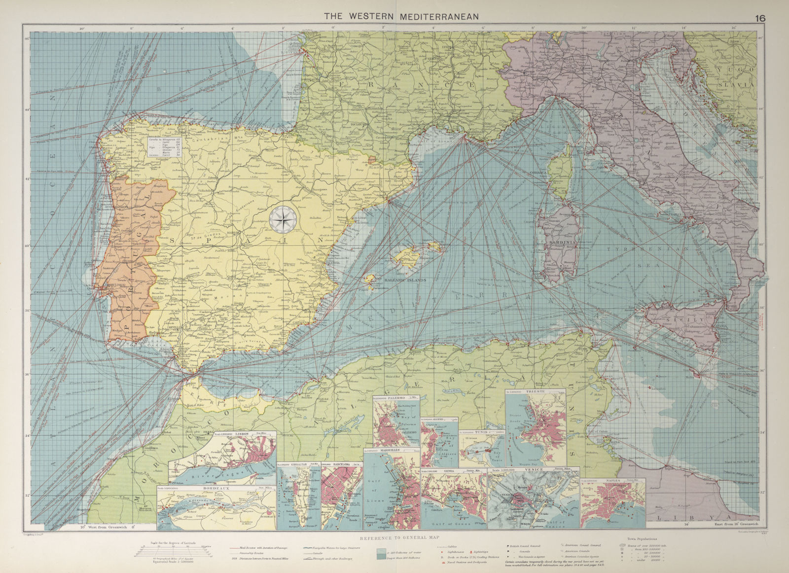 Western Mediterranean sea chart. Ports lighthouses mail routes. LARGE 1927 map
