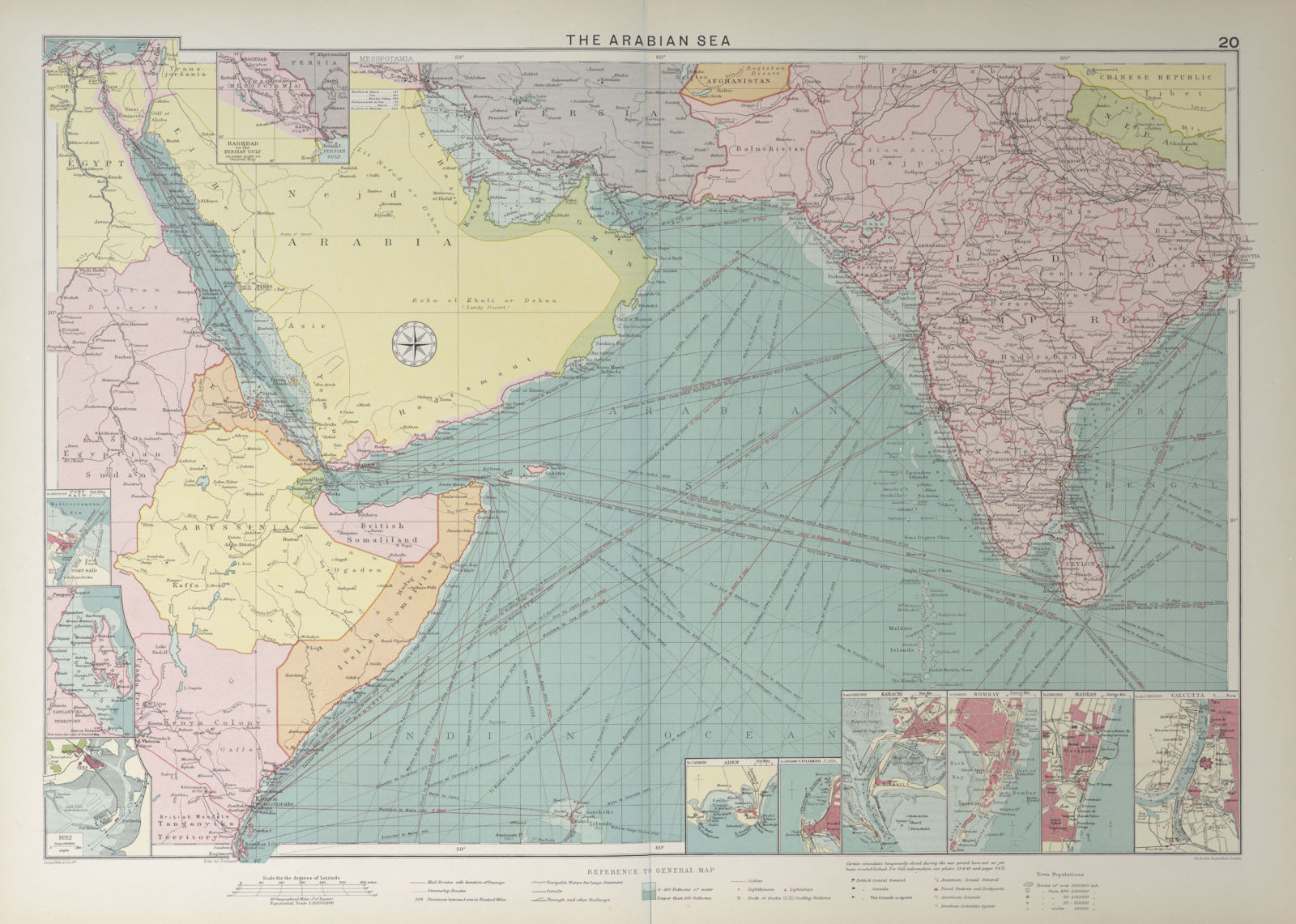 Red/Arabian Sea Persian Gulf sea chart. Ports lighthouses mail. LARGE 1927 map