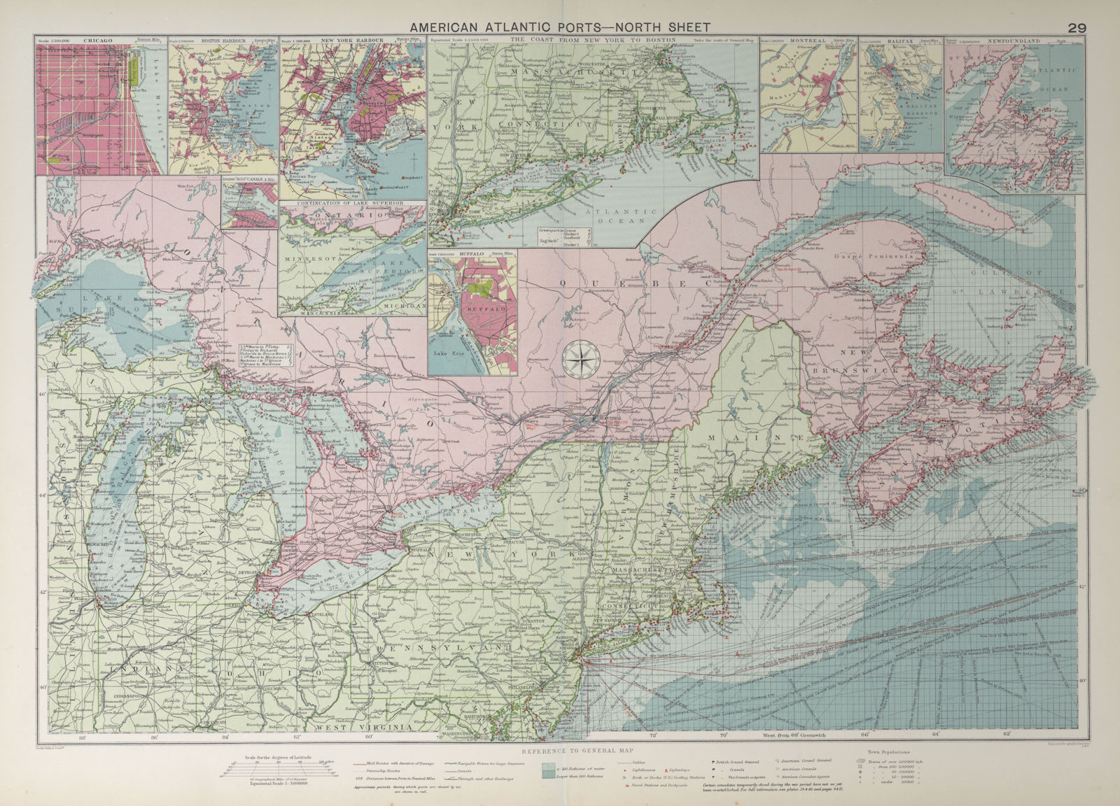 Associate Product US Canada Atlantic & Great Lakes ports sea chart. Lighthouses &c LARGE 1927 map
