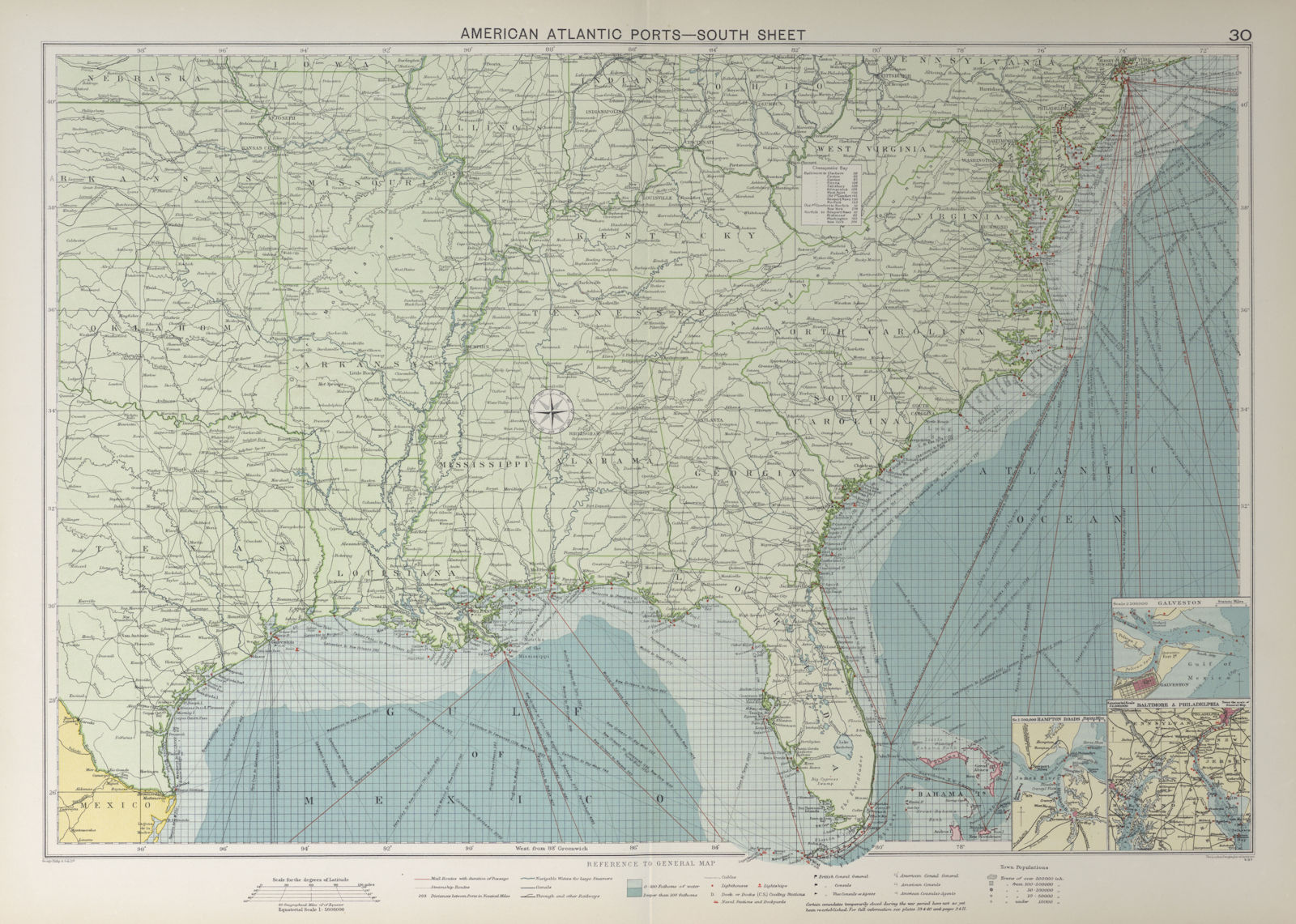 Associate Product US Atlantic & Gulf Coast Ports sea chart lighthouses mail routes LARGE 1927 map