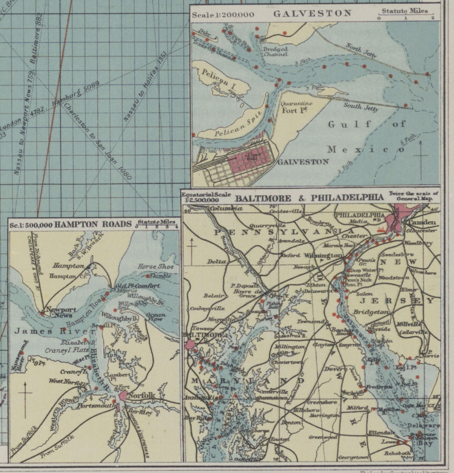 US Atlantic & Gulf Coast Ports sea chart lighthouses mail routes LARGE ...