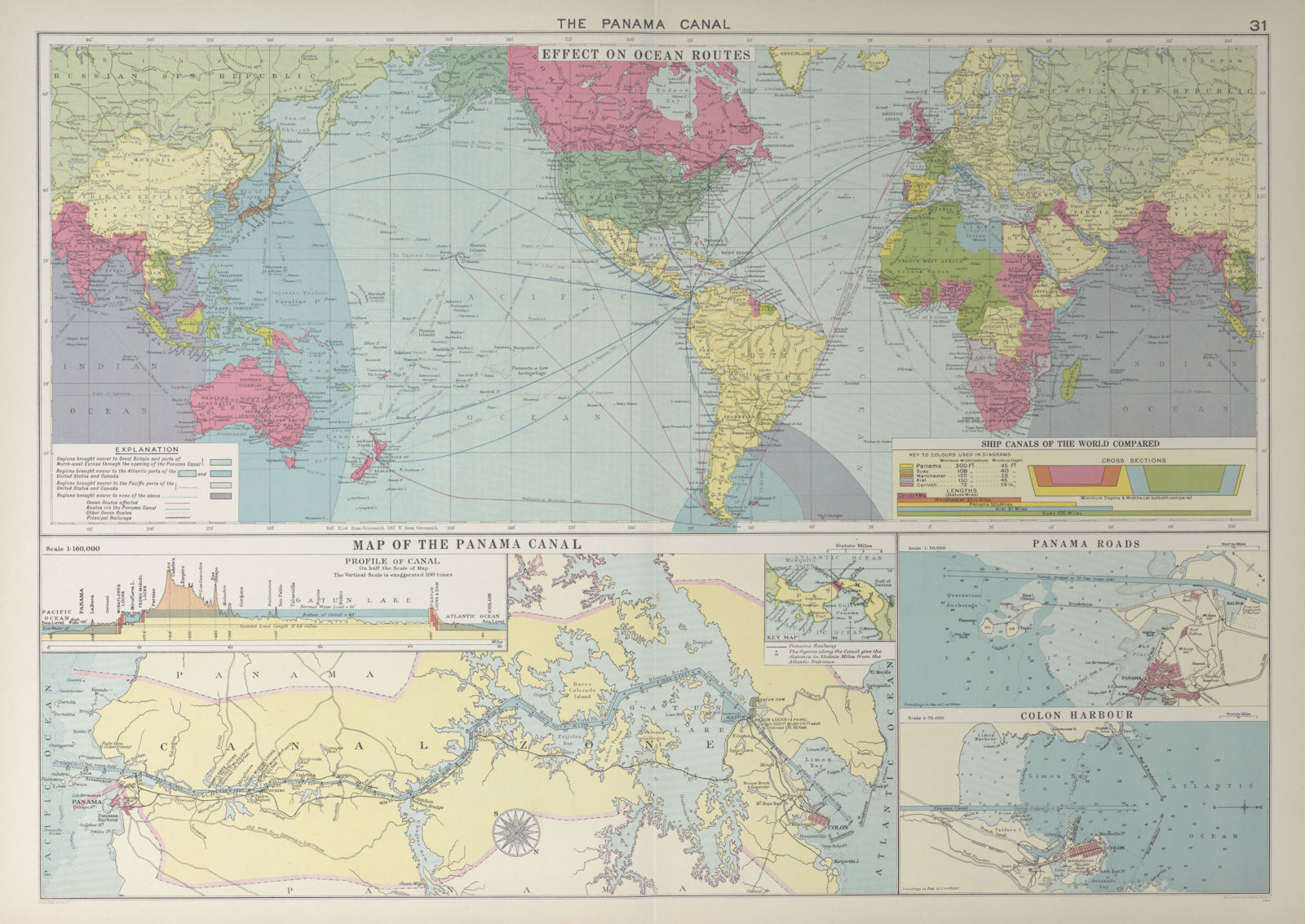 Associate Product PANAMA CANAL effect on Ocean Routes. Maps profiles. Colon. LARGE 1927 old