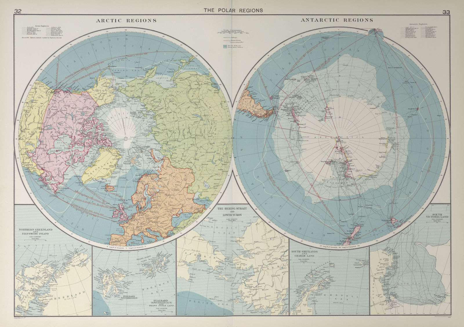 Polar Regions. Arctic/Antarctic sea chart. Steamer routes. LARGE 1927 old map
