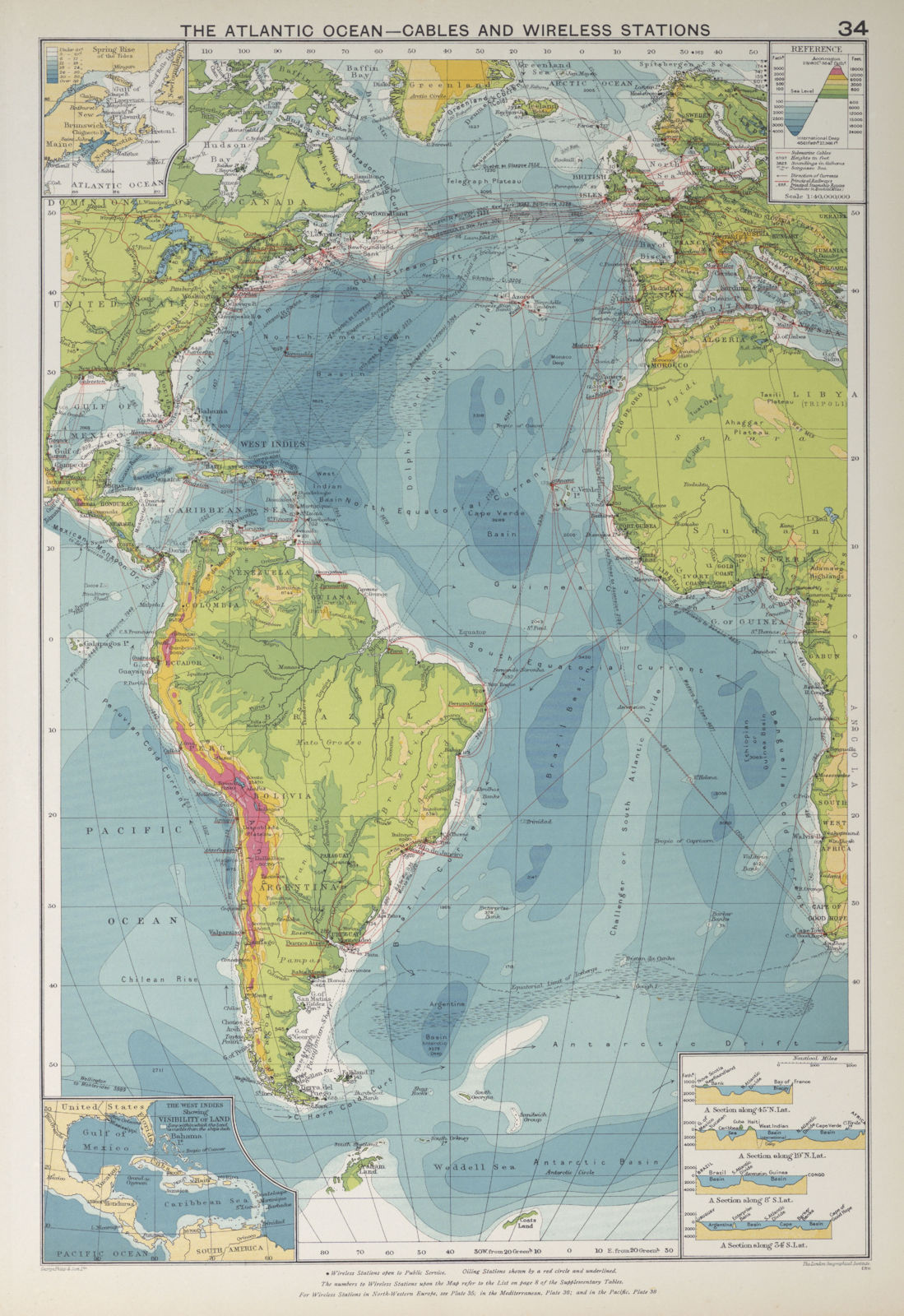 Atlantic Ocean. Cables Wireless Stations Land visibility Shipping lines 1927 map