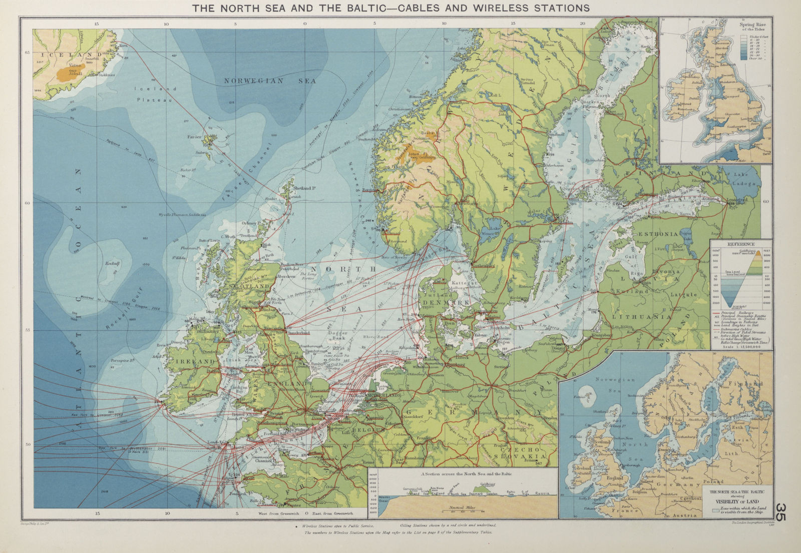 North Sea Baltic Cable Wireless Stations Land visibility Shipping lines 1927 map