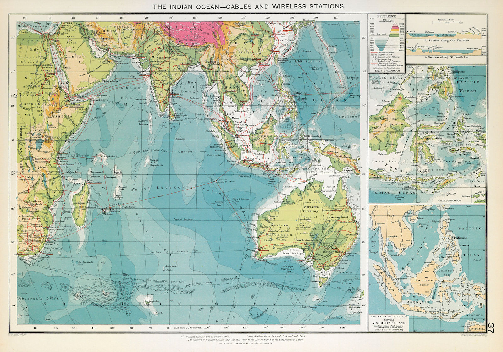 Associate Product Indian Ocean. Cables Wireless Stations. Land visibility. Shipping lines 1927 map
