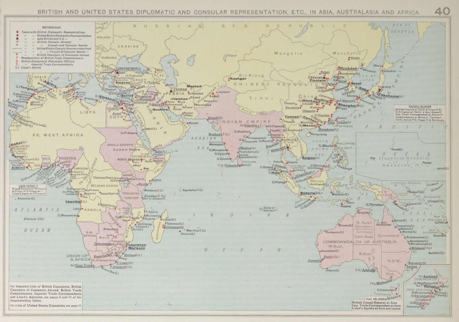 British & American Diplomatic Representation Asia, Australasia & Africa 1927 map