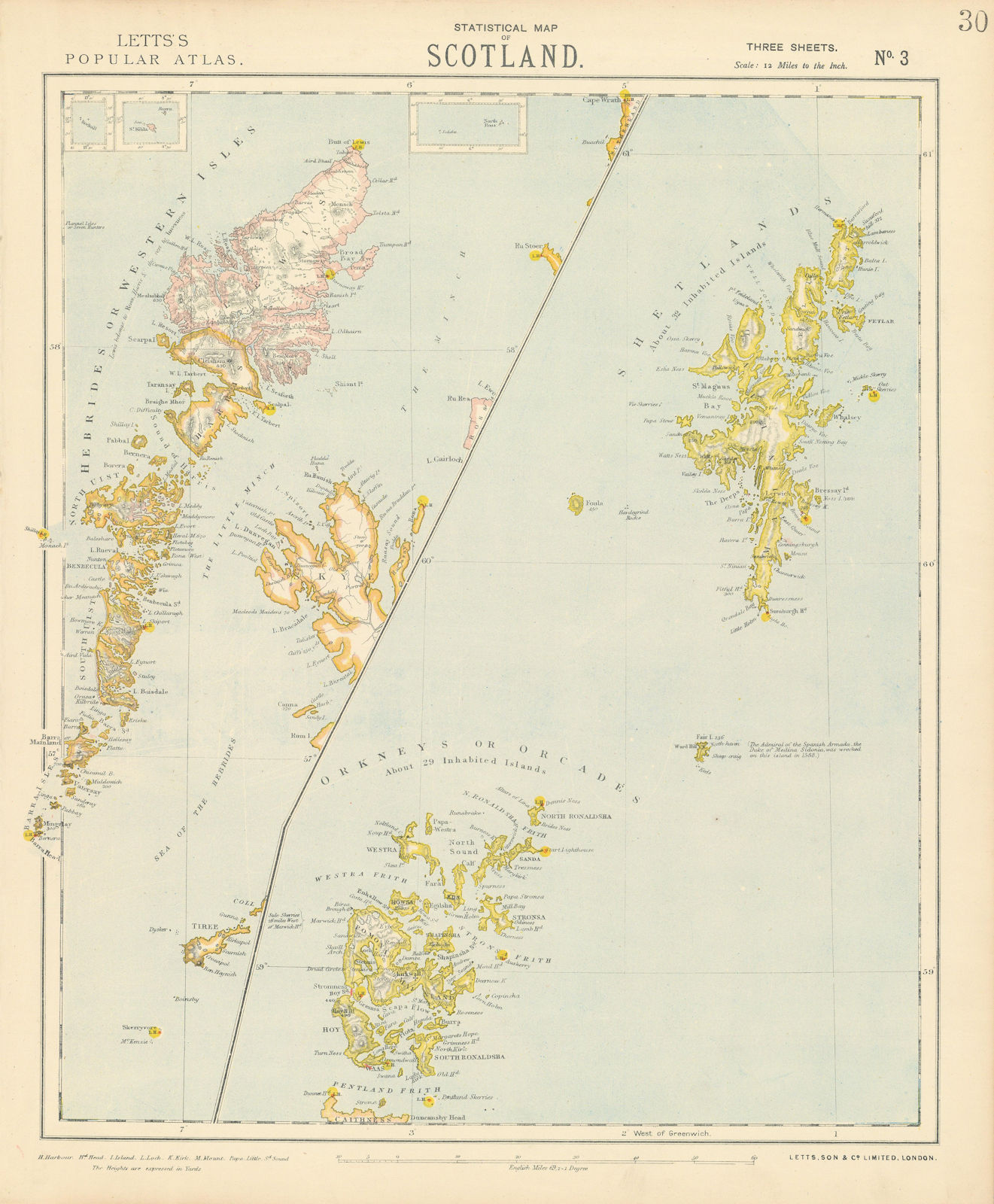 SCOTLAND ISLANDS. Western Isles. Orkneys, Shetlands & Hebrides. LETTS 1883 map
